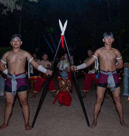 Performers dressed as ancient temple guards welcoming guests